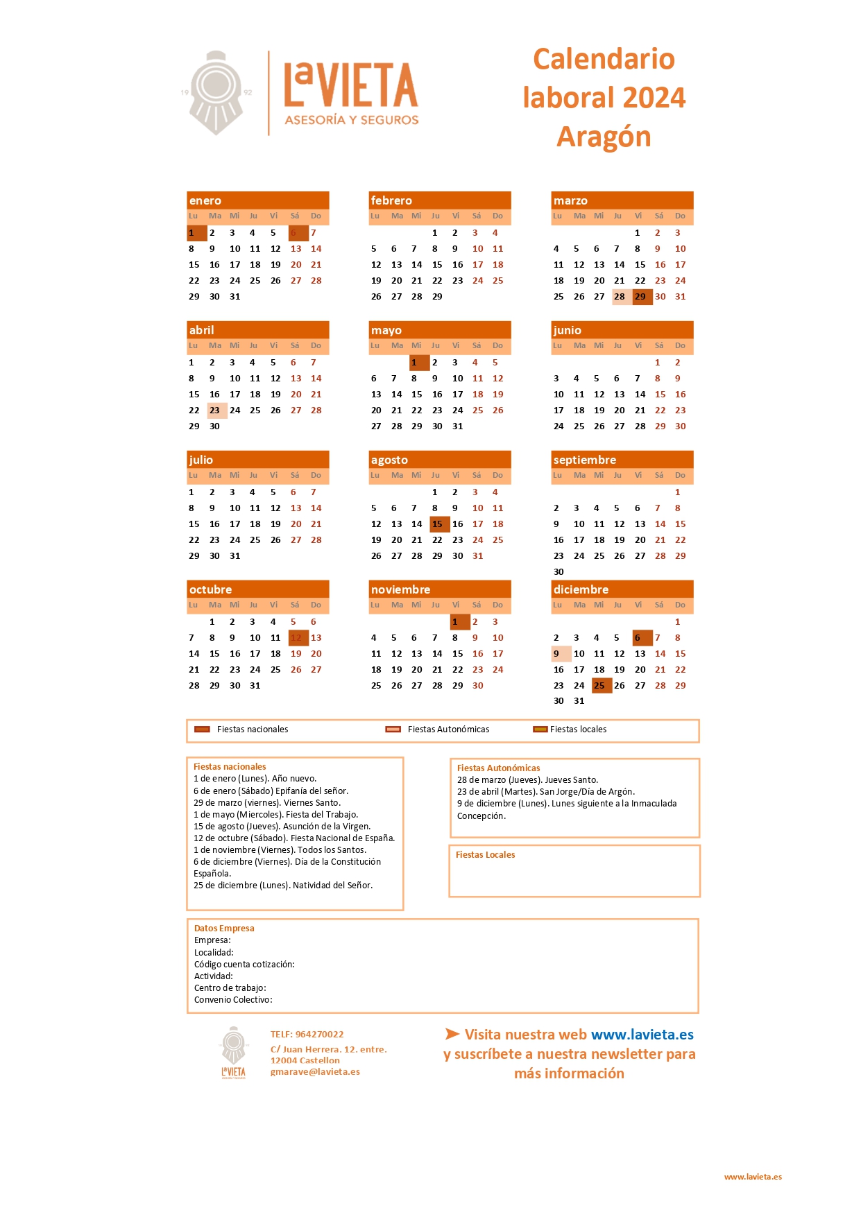 Calendario laboral de Aragón 2024 en PDF para imprimir