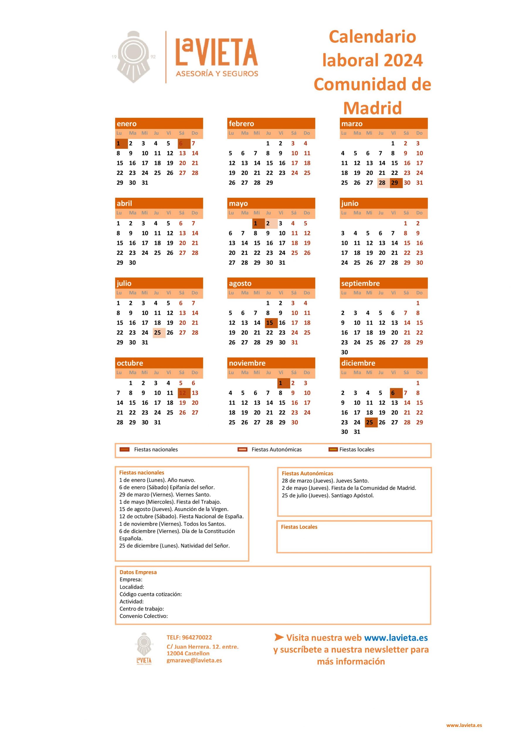 Calendario laboral de la Comunidad de Madrid 2024 en PDF para imprimir