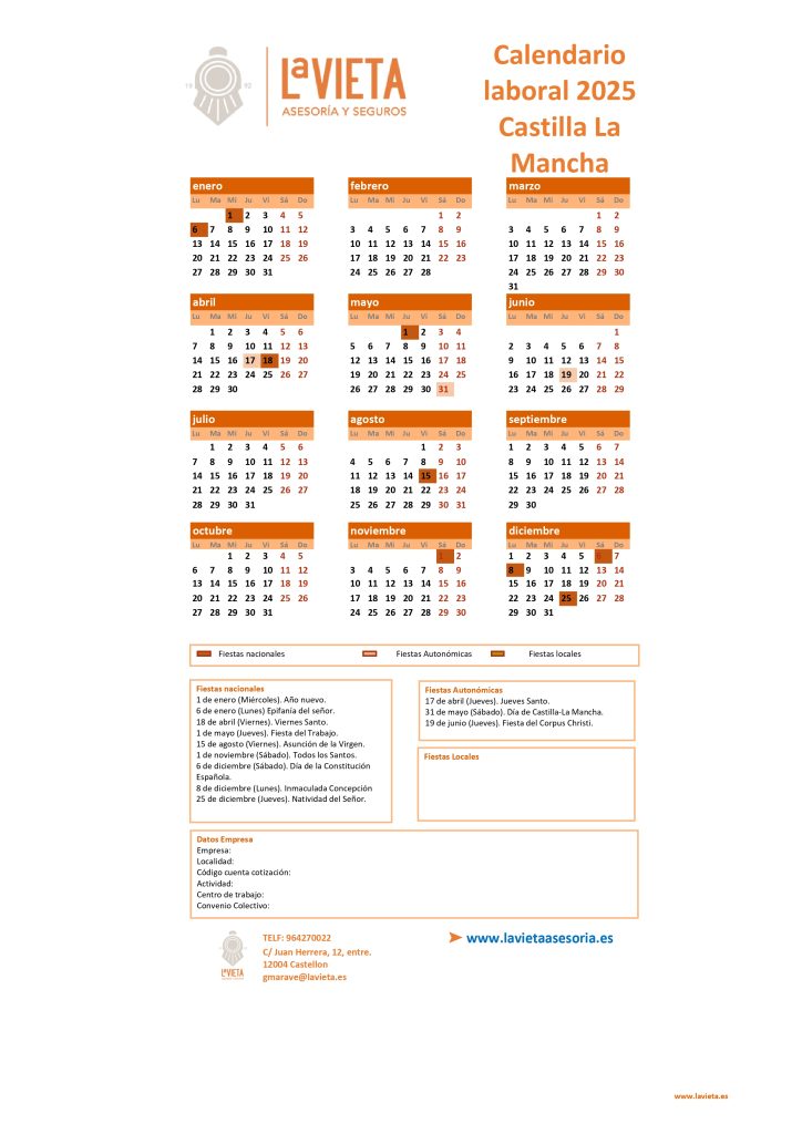 CALENDARIO LABORAL DE CASTILLA LA MANCHA EN PDF PARA IMPRIMIR
